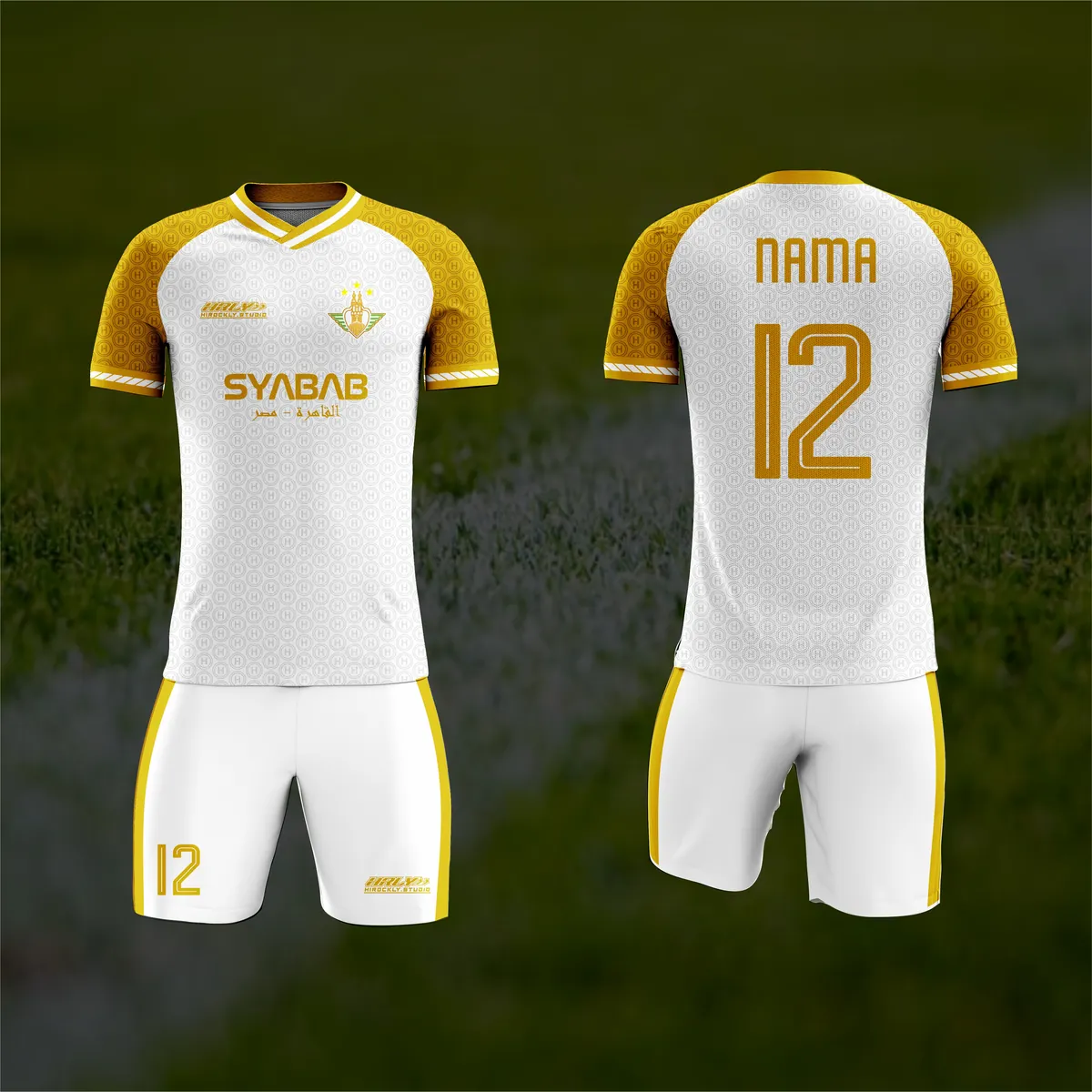 Jersey sepak bola custom Syabab Putih, warna putih emas, kerah V-Neck, tampak depan dan belakang