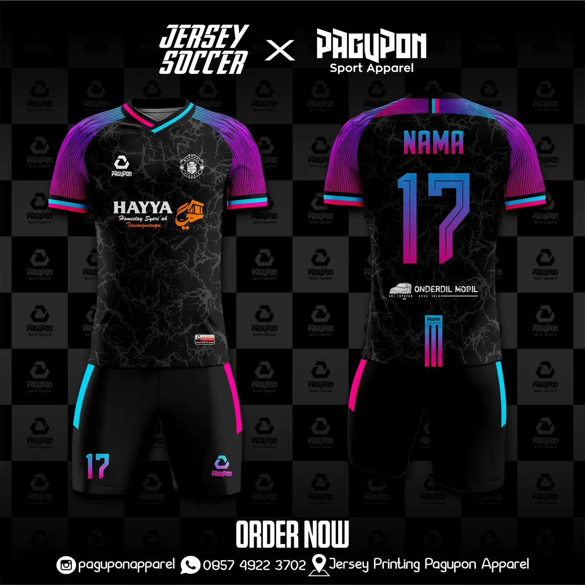 Jersey sepak bola custom Hayya Biru, warna biru ungu, kerah V-Neck, tampak depan dan belakang, varian 2