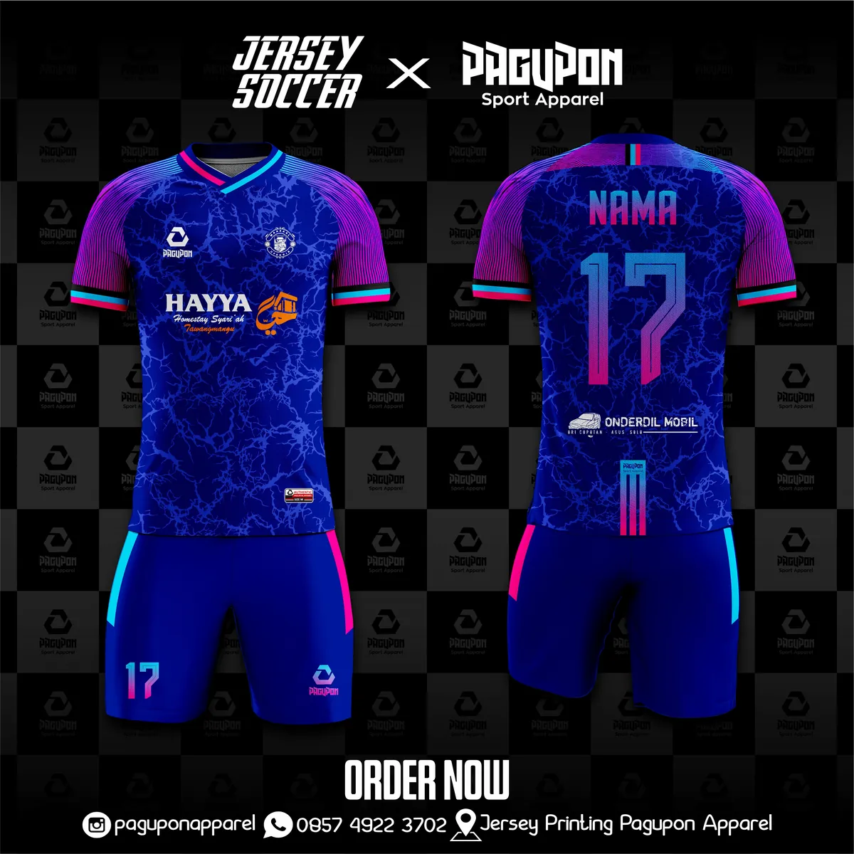 Jersey sepak bola custom Hayya Biru, warna biru ungu, kerah V-Neck, tampak depan dan belakang