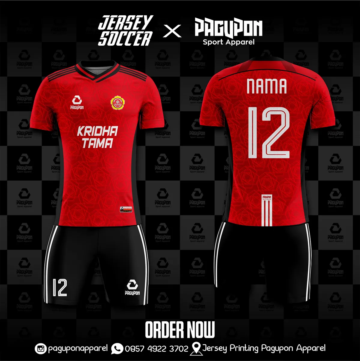 Jersey sepak bola custom Kridha Tama Hitam, warna hitam merah, kerah V-Neck, tampak depan dan belakang, varian 2