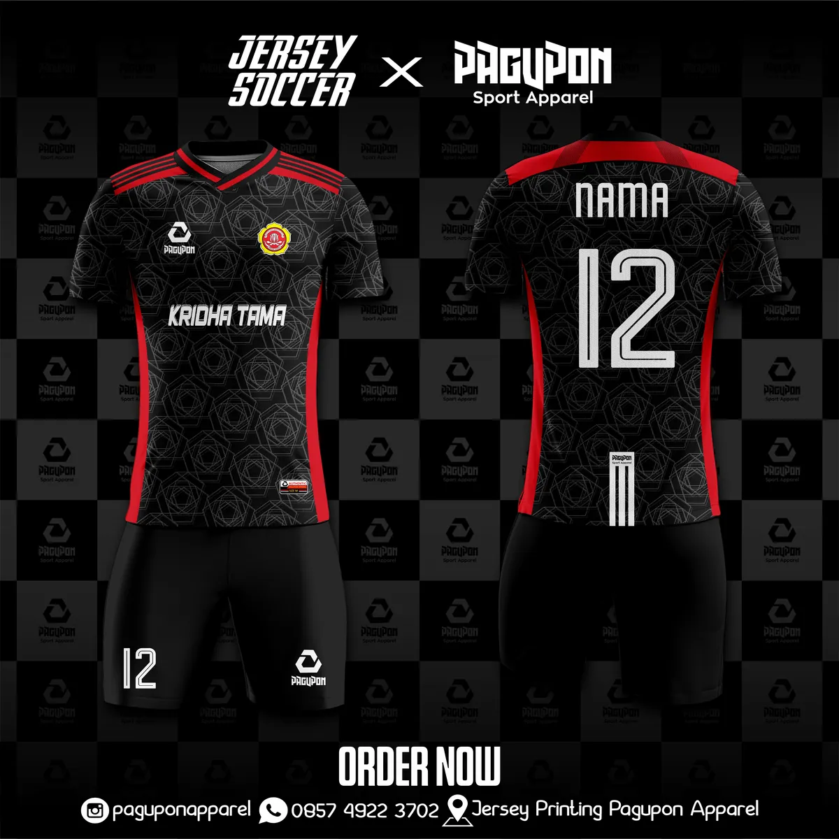 Jersey sepak bola custom Kridha Tama Hitam, warna hitam merah, kerah V-Neck, tampak depan dan belakang