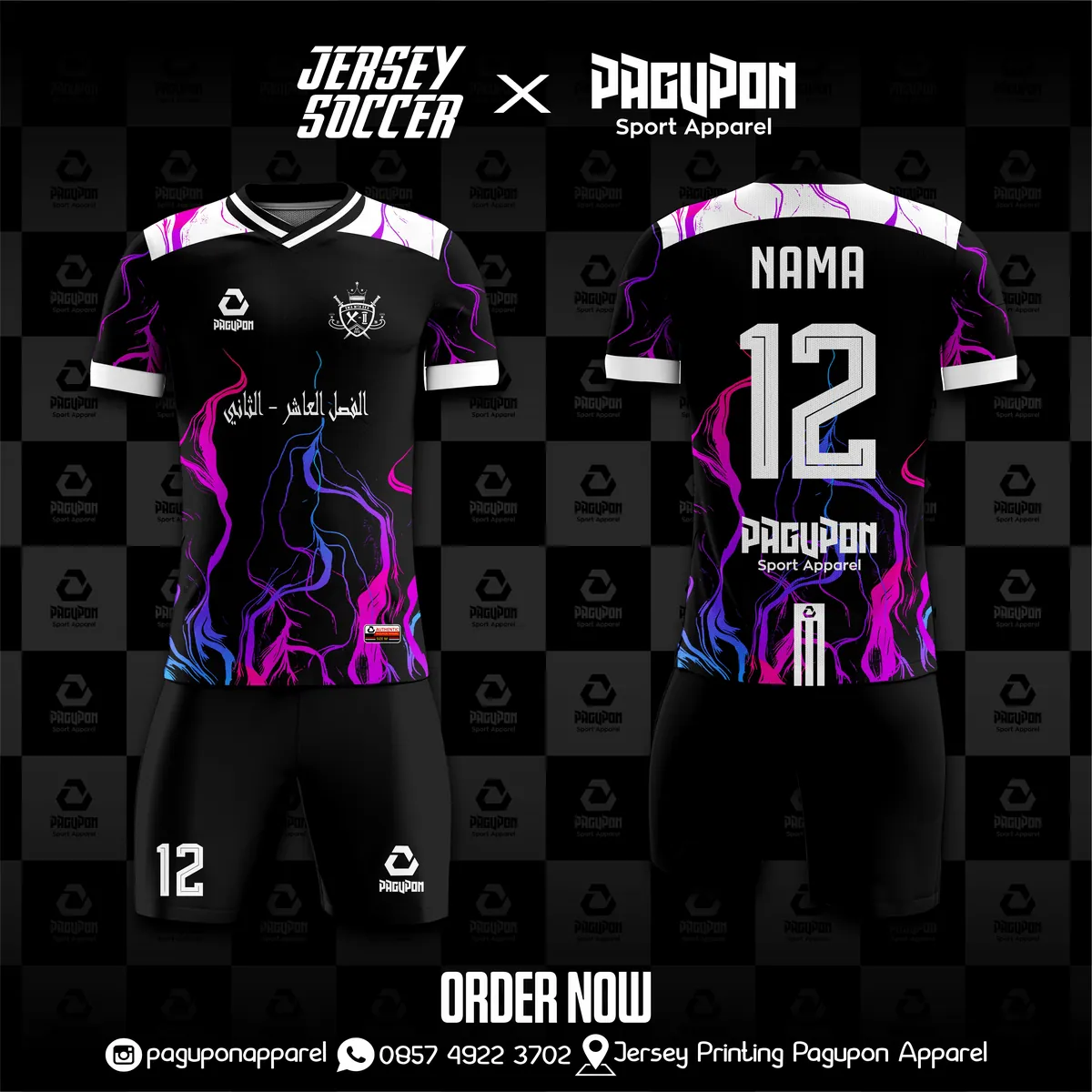 Jersey sepak bola custom Flame Putih, warna putih ungu pink, kerah V-Neck, tampak depan dan belakang, varian 2