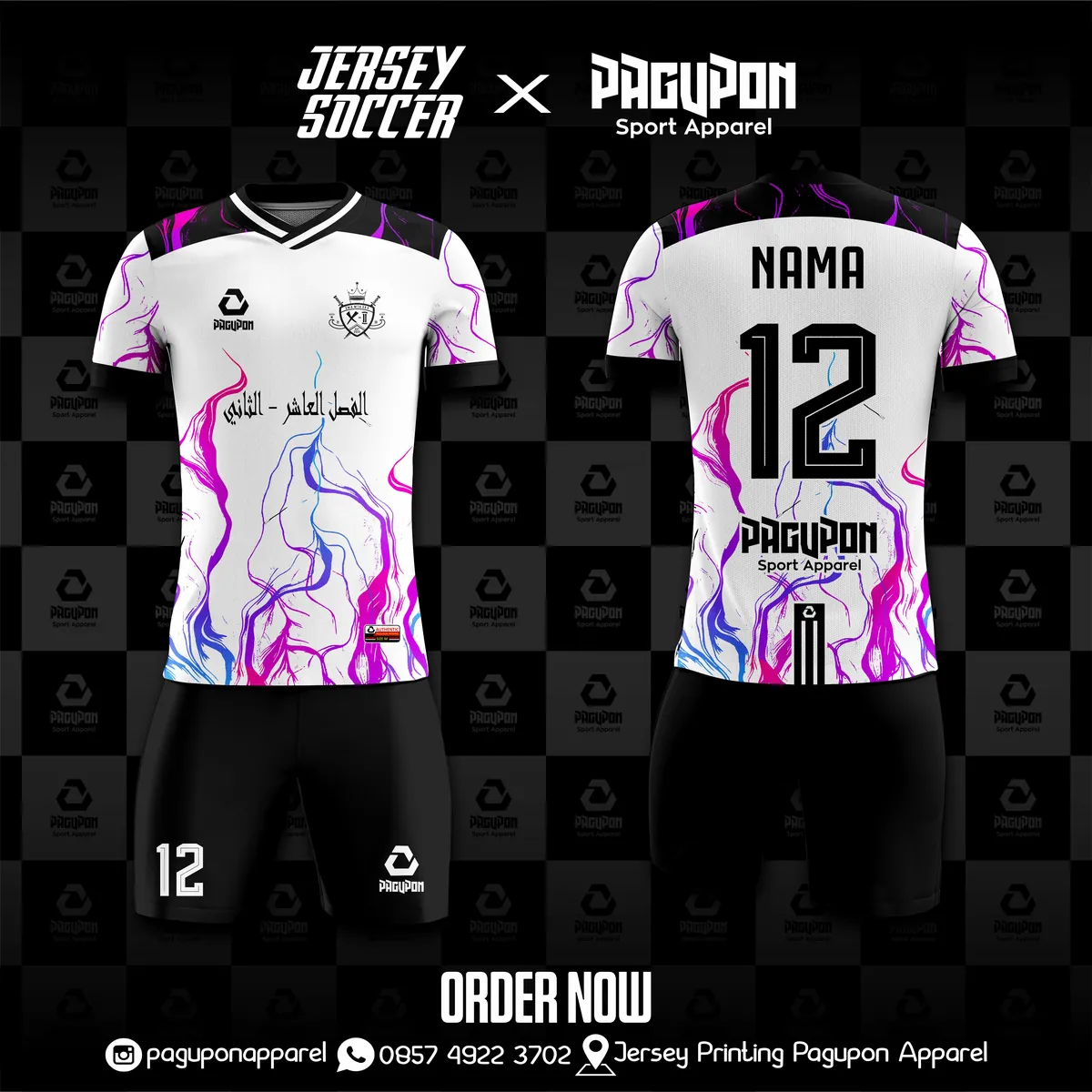 Jersey sepak bola custom Flame Putih, warna putih ungu pink, kerah V-Neck, tampak depan dan belakang