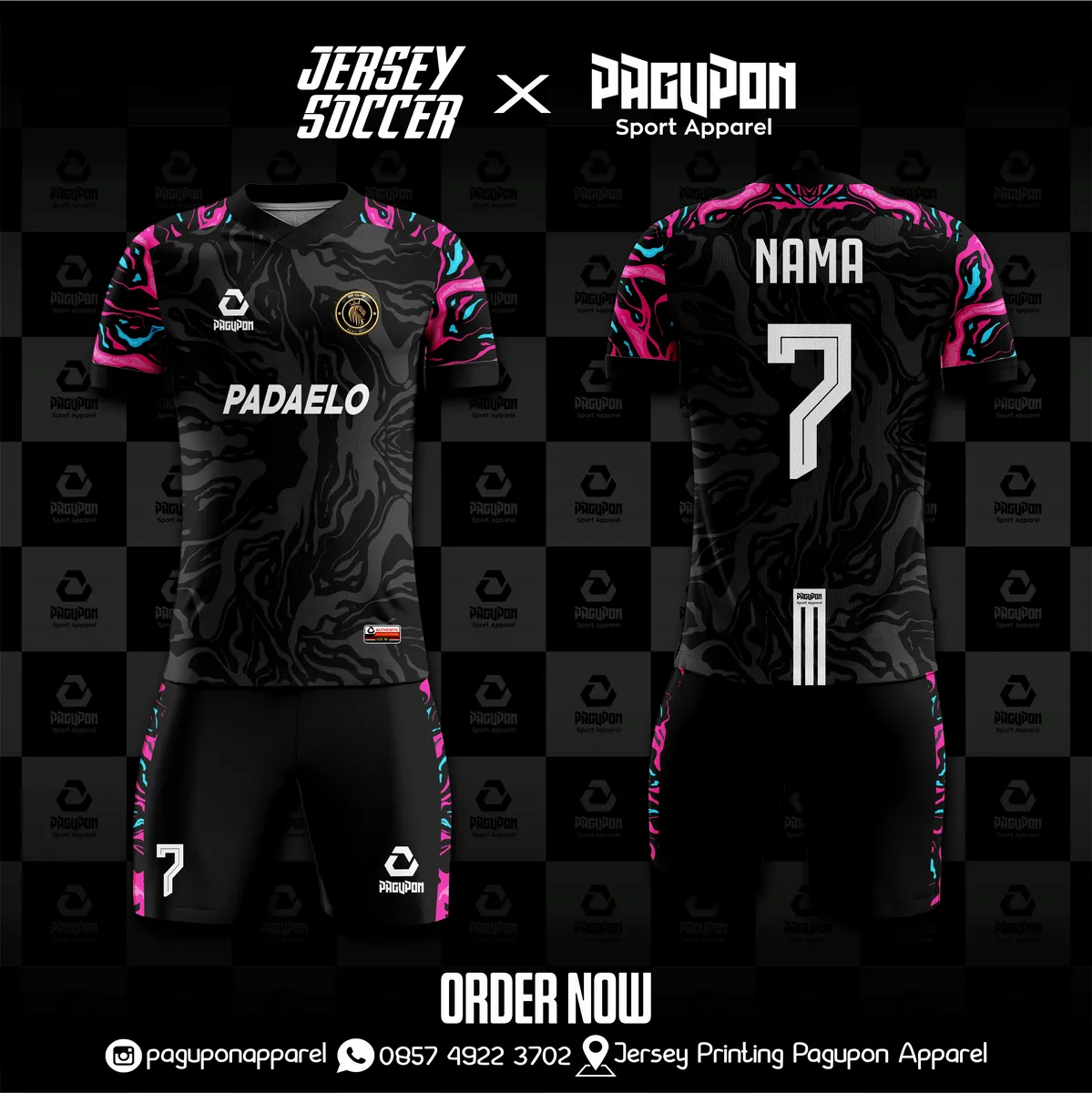 Jersey sepak bola custom Padaelo Putih, warna putih pink, kerah O-Neck, tampak depan dan belakang, varian 2
