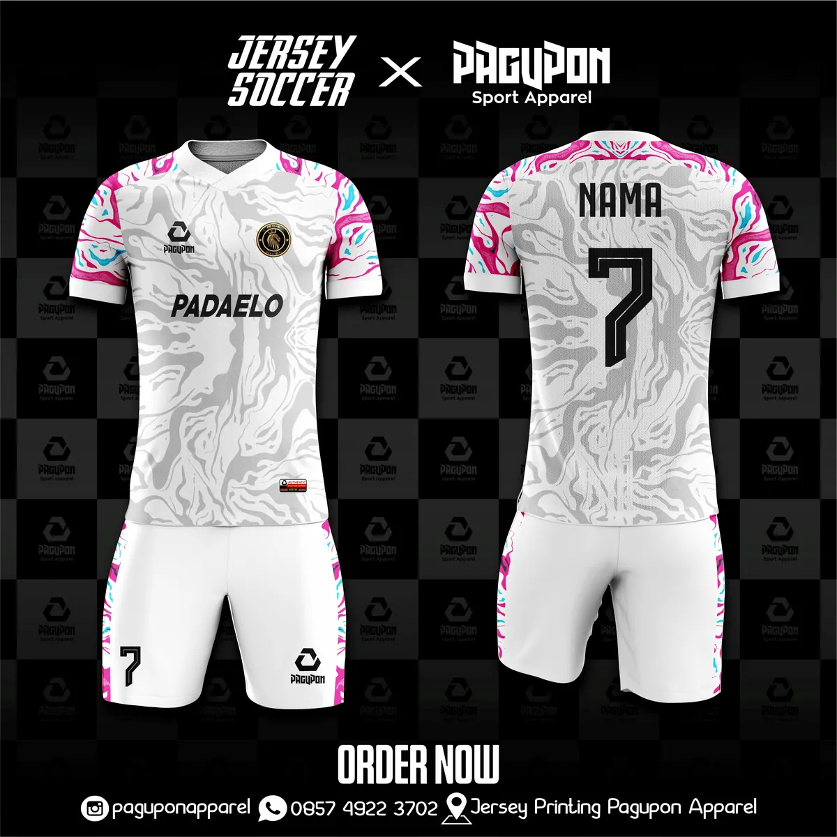 Jersey sepak bola custom Padaelo Putih, warna putih pink, kerah O-Neck, tampak depan dan belakang