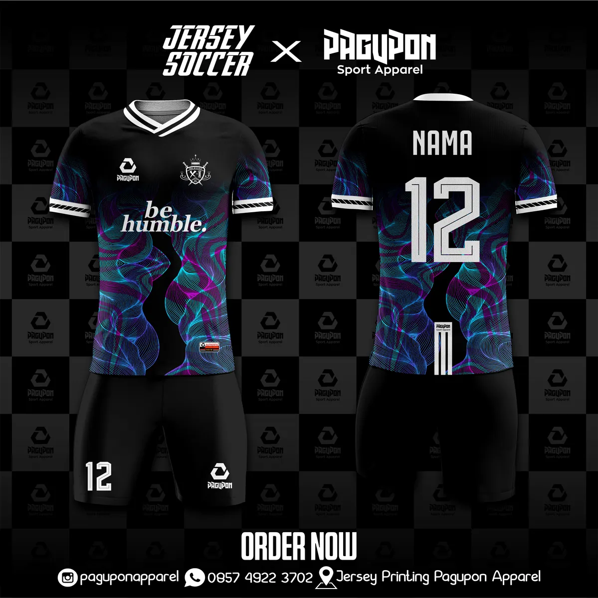Jersey sepak bola custom Be Humble Smoke Hitam, warna hitam ungu tosca, kerah V-Neck, tampak depan dan belakang