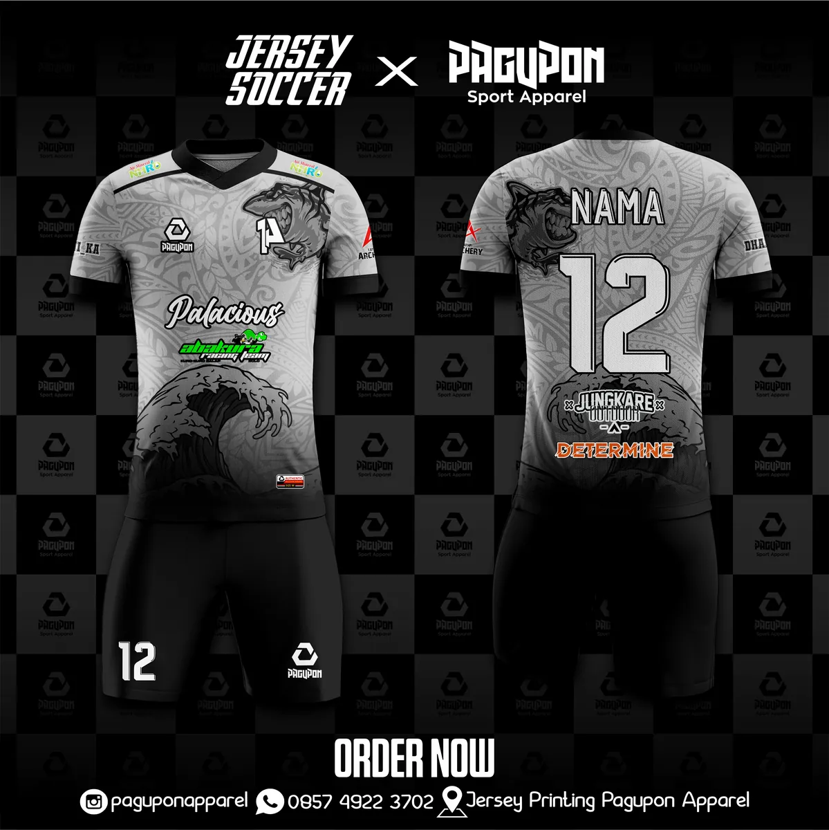 Jersey sepak bola custom Palacious Biru, warna biru hitam, kerah V-Neck, tampak depan dan belakang, varian 2