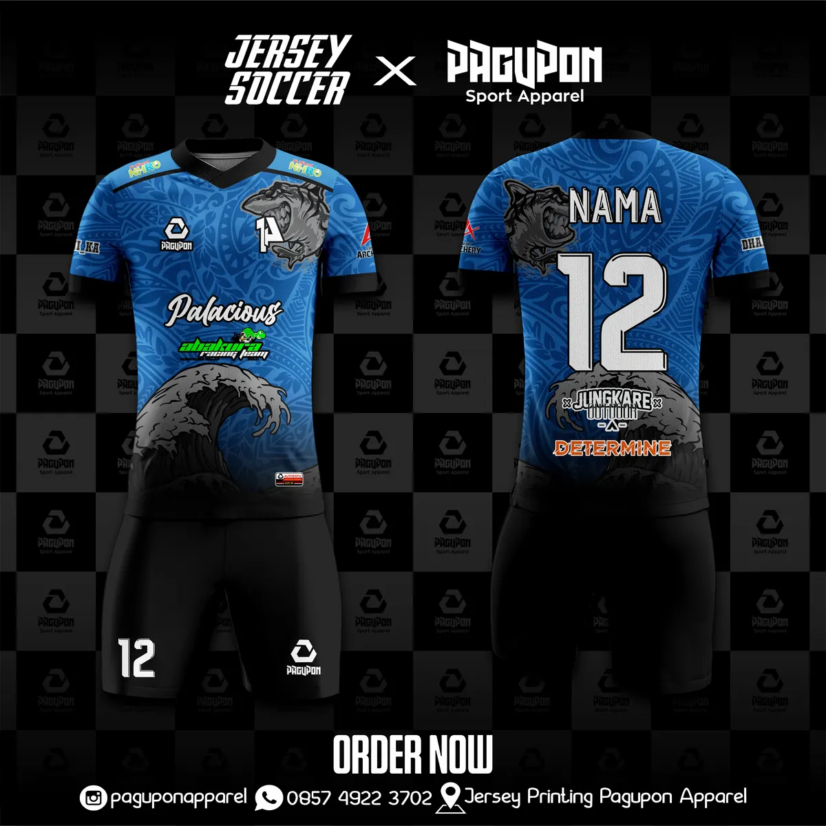 Jersey sepak bola custom Palacious Biru, warna biru hitam, kerah V-Neck, tampak depan dan belakang