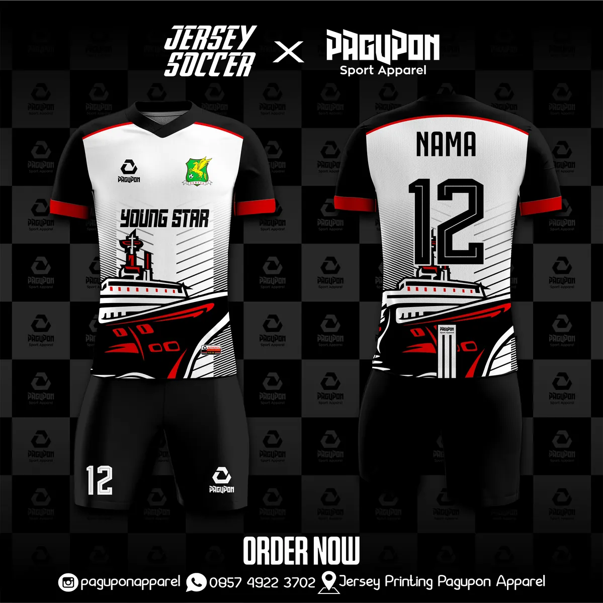 Jersey sepak bola custom Young Star Hijau, warna hijau hitam merah, kerah V-Neck, tampak depan dan belakang, varian 2