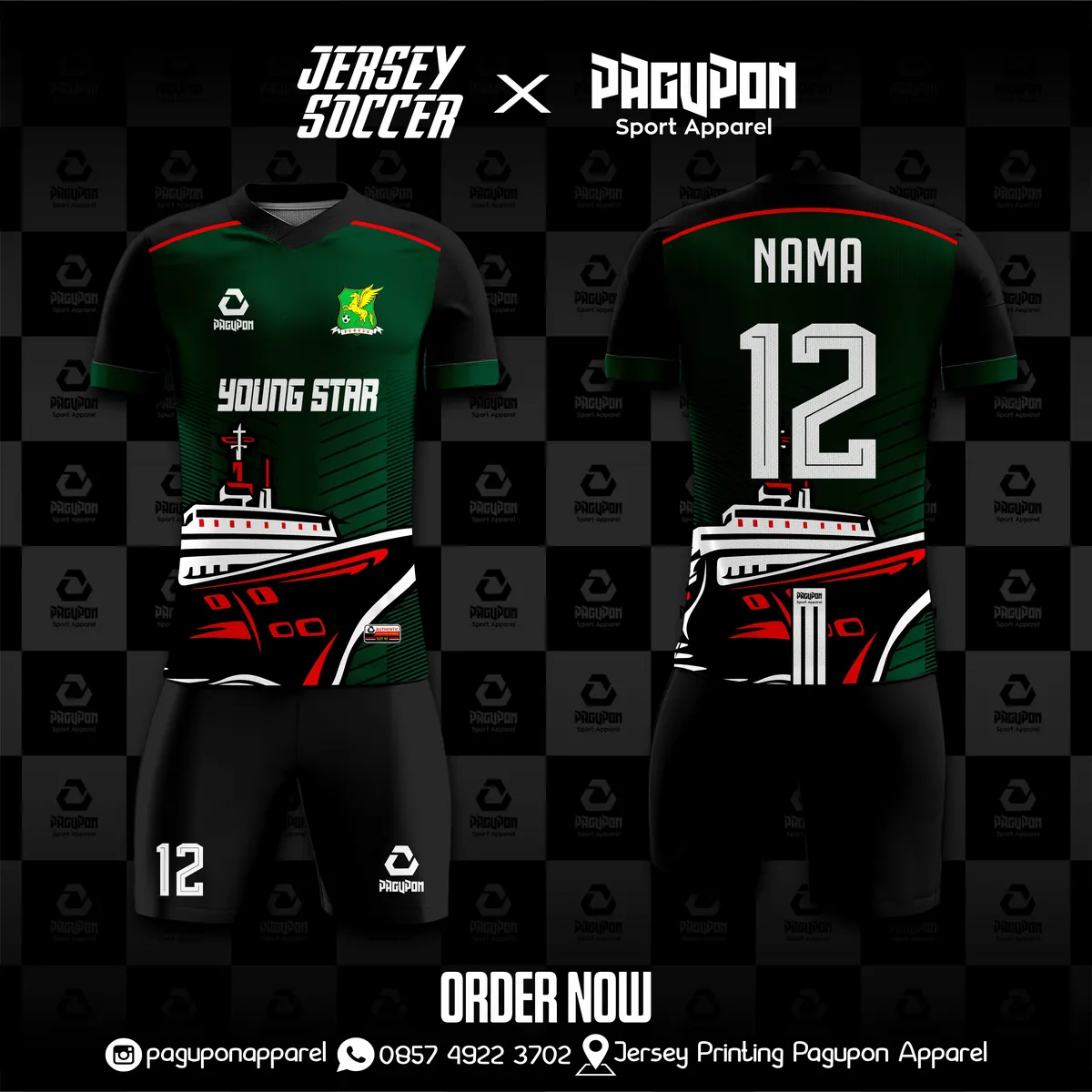 Jersey sepak bola custom Young Star Hijau, warna hijau hitam merah, kerah V-Neck, tampak depan dan belakang