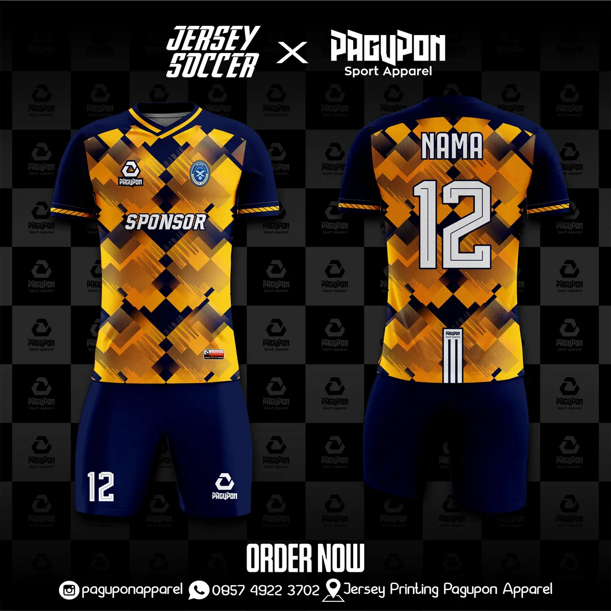 Jersey sepak bola custom PS MTA Kuning, warna kuning navy, kerah V-Neck, tampak depan dan belakang