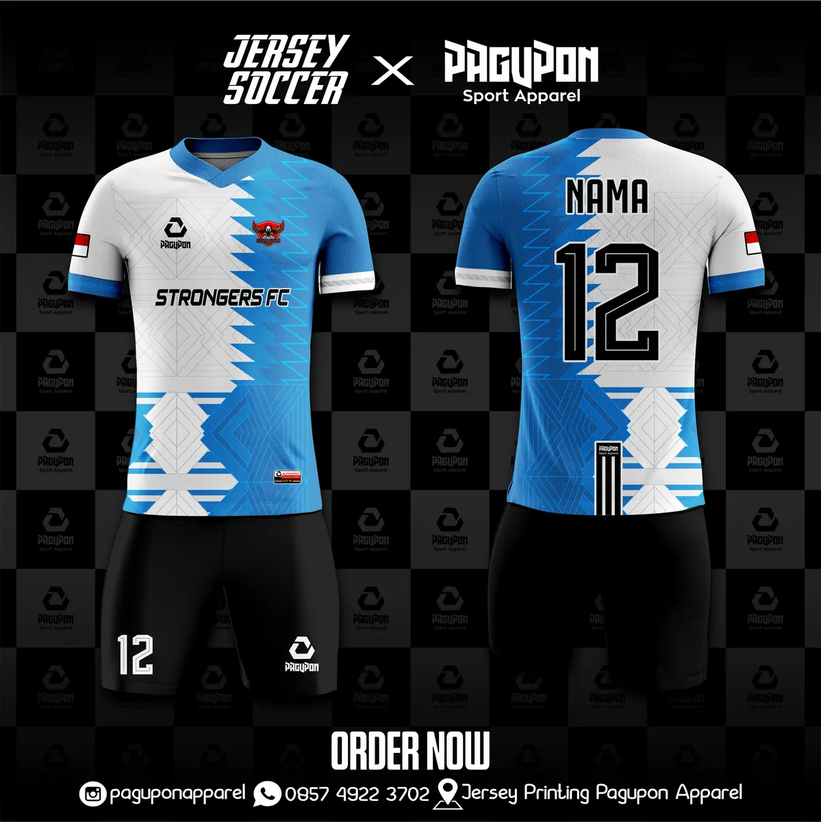 Jersey sepak bola custom Strongers FC Putih, warna putih ungu, kerah V-Neck, tampak depan dan belakang, varian 2