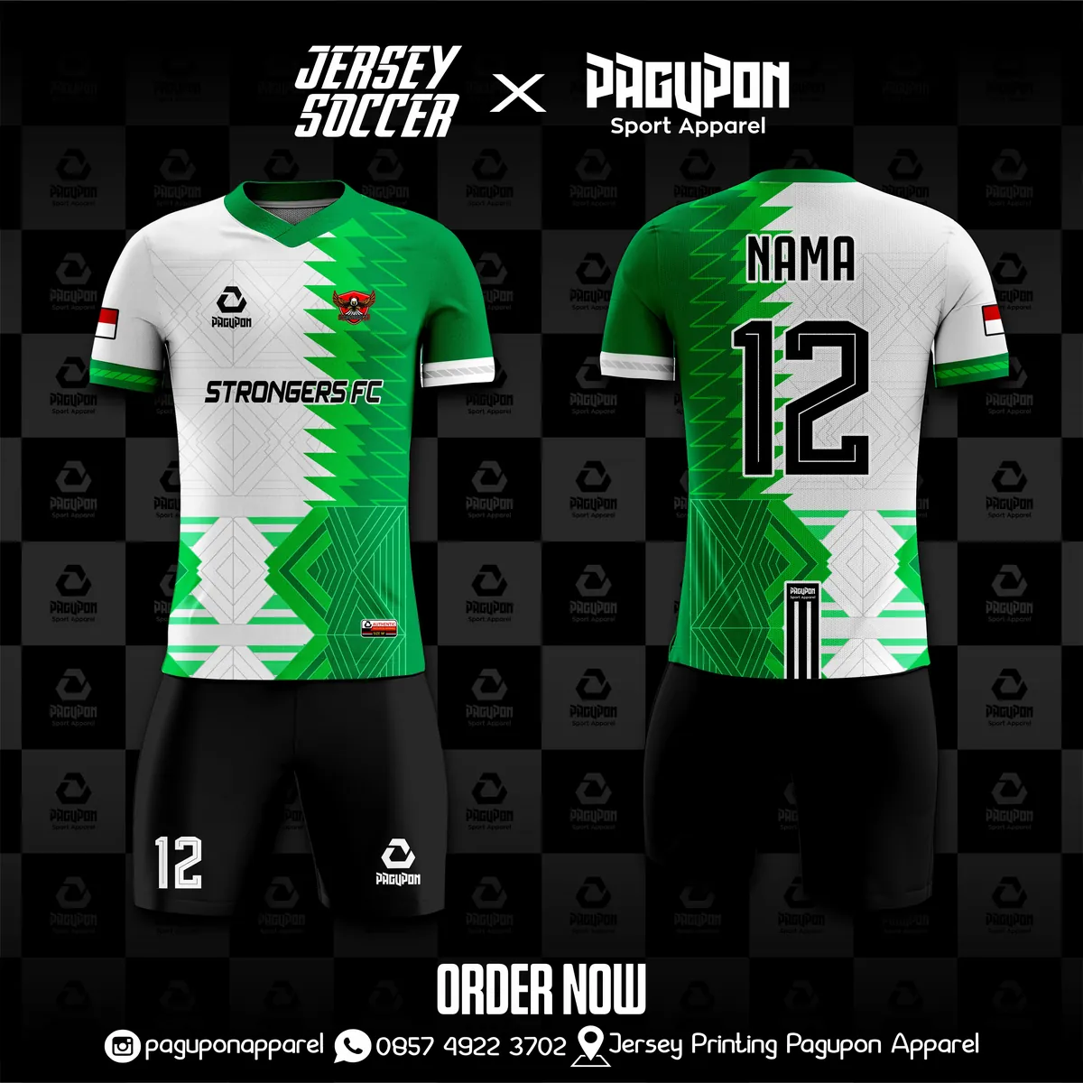 Jersey sepak bola custom Strongers FC Putih, warna putih ungu, kerah V-Neck, tampak depan dan belakang, varian 3