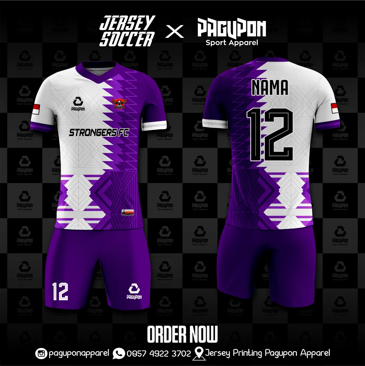 Jersey sepak bola custom Strongers FC Putih, warna putih ungu, kerah V-Neck, tampak depan dan belakang