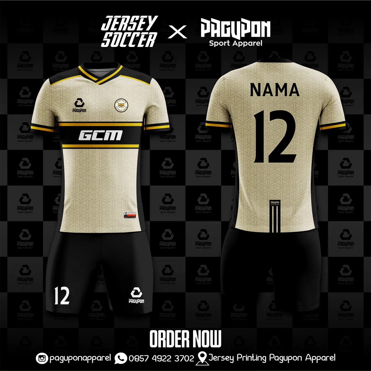 Jersey sepak bola custom GCM Hijau, warna hijau krem, kerah V-Neck, tampak depan dan belakang, varian 2