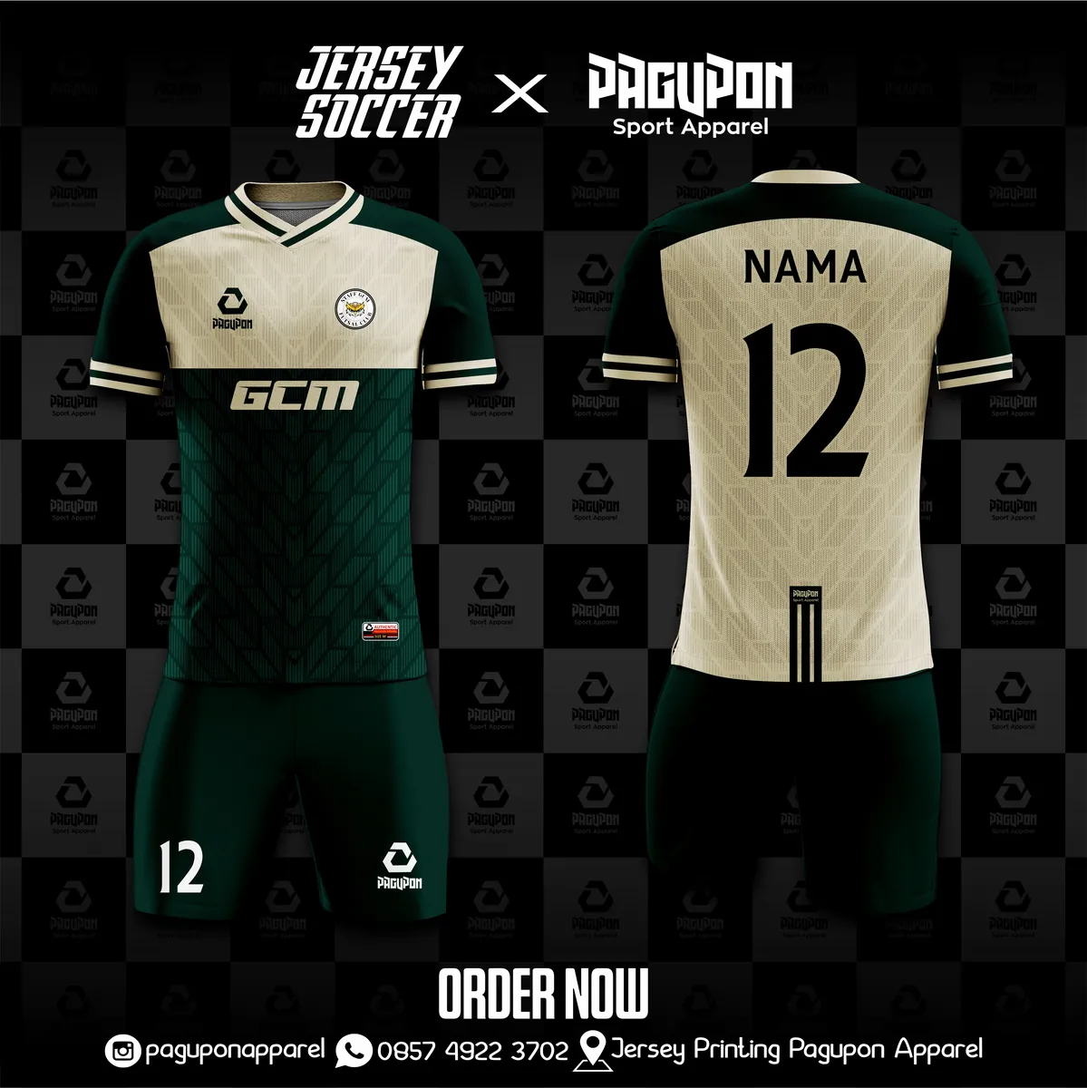 Jersey sepak bola custom GCM Hijau, warna hijau krem, kerah V-Neck, tampak depan dan belakang