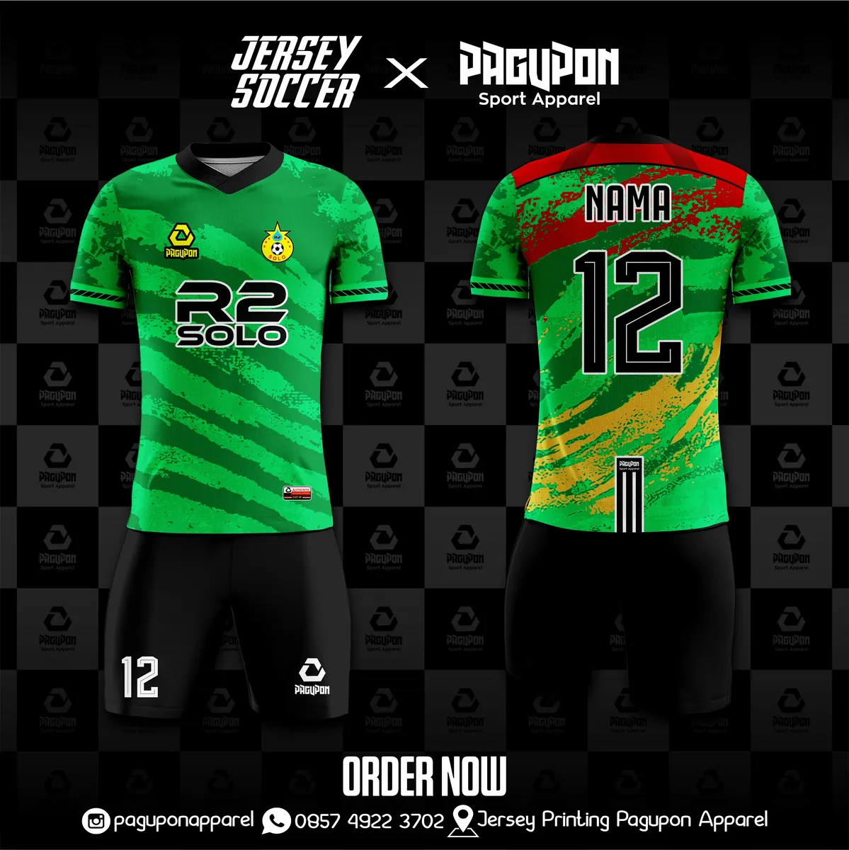 Jersey sepak bola custom R2 Solo Biru Muda, warna biru muda biru, kerah V-Neck, tampak depan dan belakang, varian 2