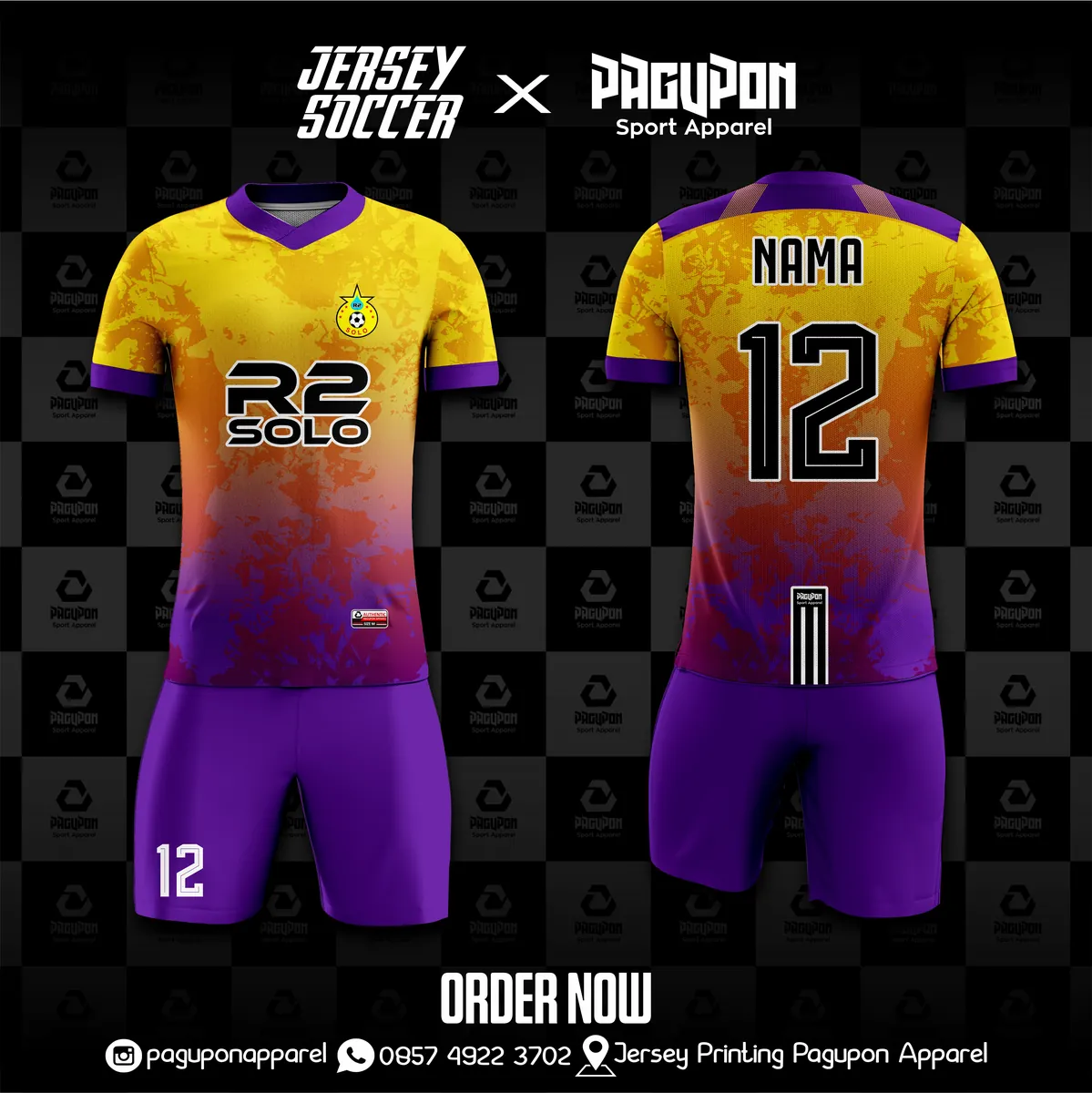 Jersey sepak bola custom R2 Solo Biru Muda, warna biru muda biru, kerah V-Neck, tampak depan dan belakang, varian 5