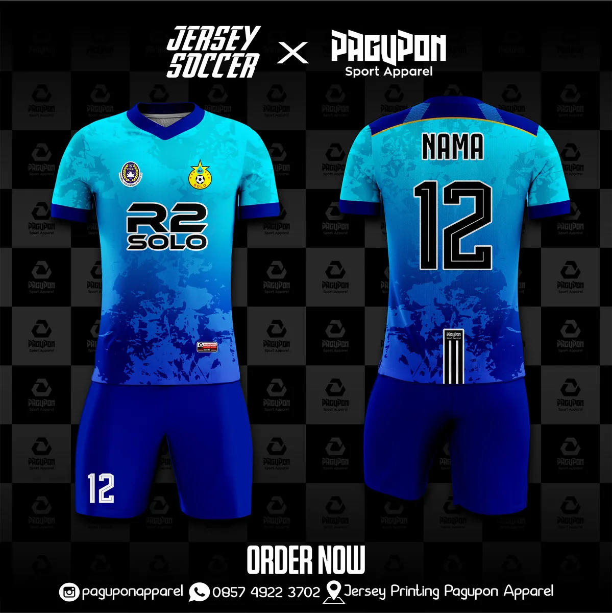Jersey sepak bola custom R2 Solo Biru Muda, warna biru muda biru, kerah V-Neck, tampak depan dan belakang, varian 6