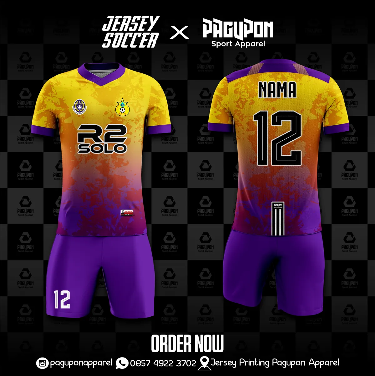 Jersey sepak bola custom R2 Solo Biru Muda, warna biru muda biru, kerah V-Neck, tampak depan dan belakang, varian 7