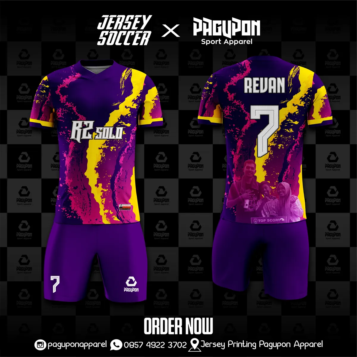 Jersey sepak bola custom R2 Solo Ungu, warna ungu kuning pink, kerah V-Neck, tampak depan dan belakang