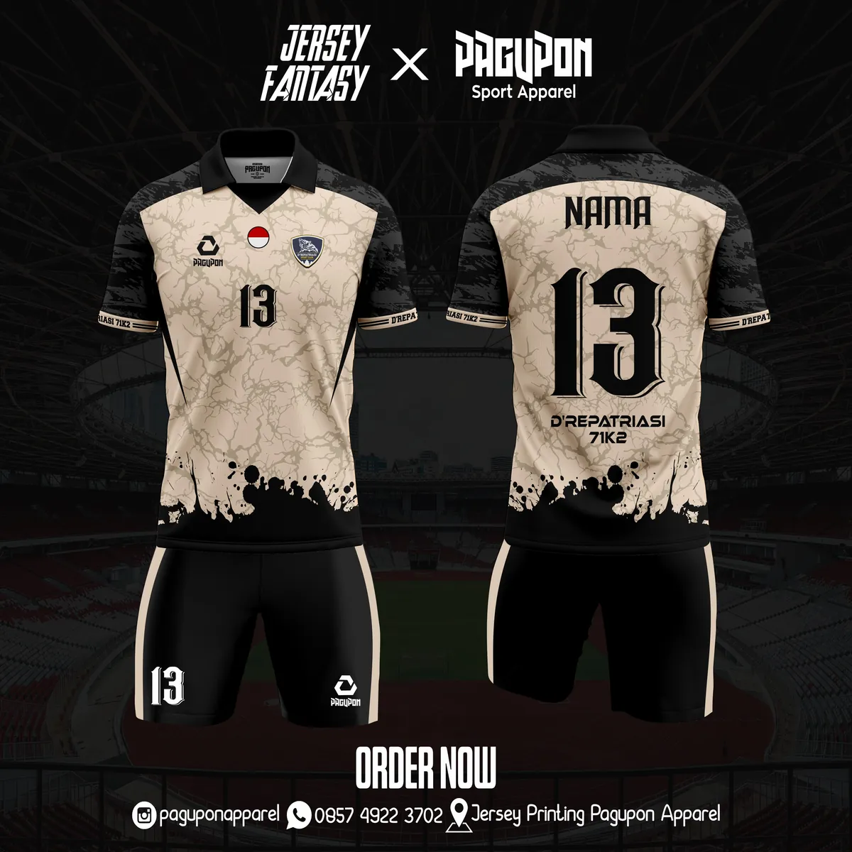 Jersey sepak bola custom Bonilicious Krem, warna krem hijau, kerah Polo, tampak depan dan belakang, varian 3