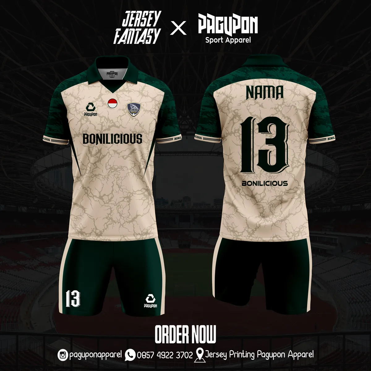 Jersey sepak bola custom Bonilicious Krem, warna krem hijau, kerah Polo, tampak depan dan belakang