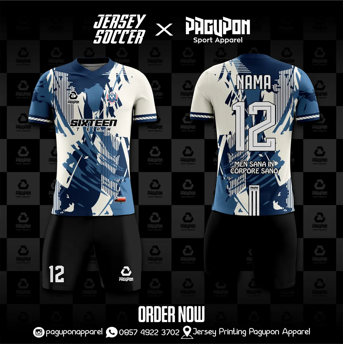 Jersey sepak bola custom Sixteen Navy, warna navy putih, kerah V-Neck, tampak depan dan belakang