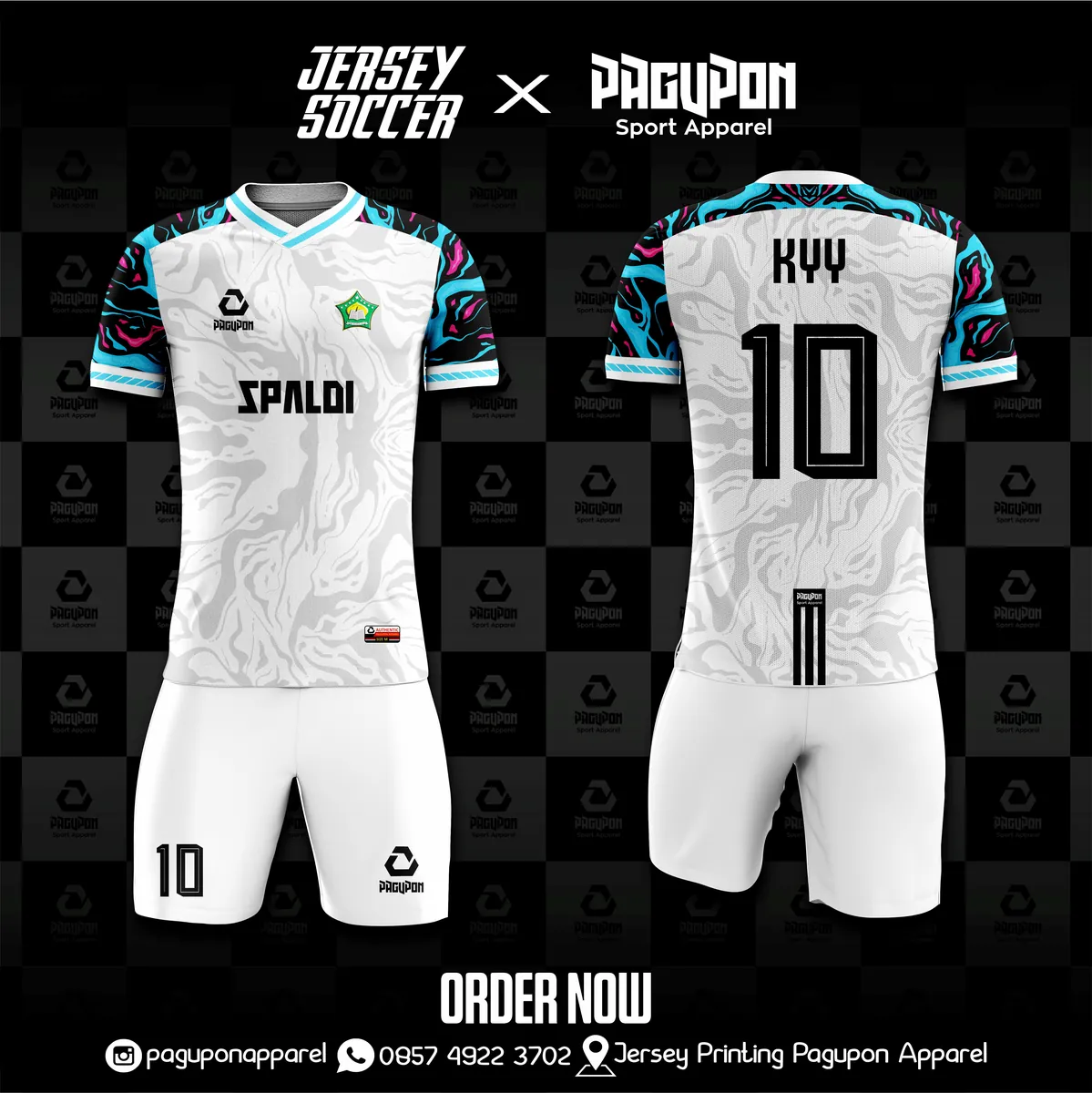 Jersey sepak bola custom Spaldi Putih, warna putih tosca hitam, kerah V-Neck, tampak depan dan belakang