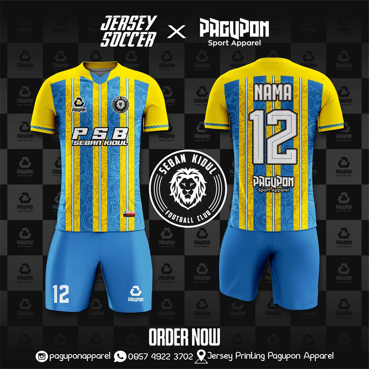 Jersey sepak bola custom PSB Seban Kidul Hijau, warna hijau hitam, kerah V-Neck, tampak depan dan belakang, varian 2