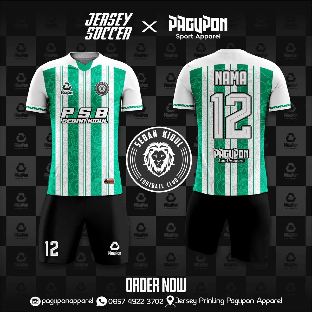 Jersey sepak bola custom PSB Seban Kidul Hijau, warna hijau hitam, kerah V-Neck, tampak depan dan belakang, varian 3