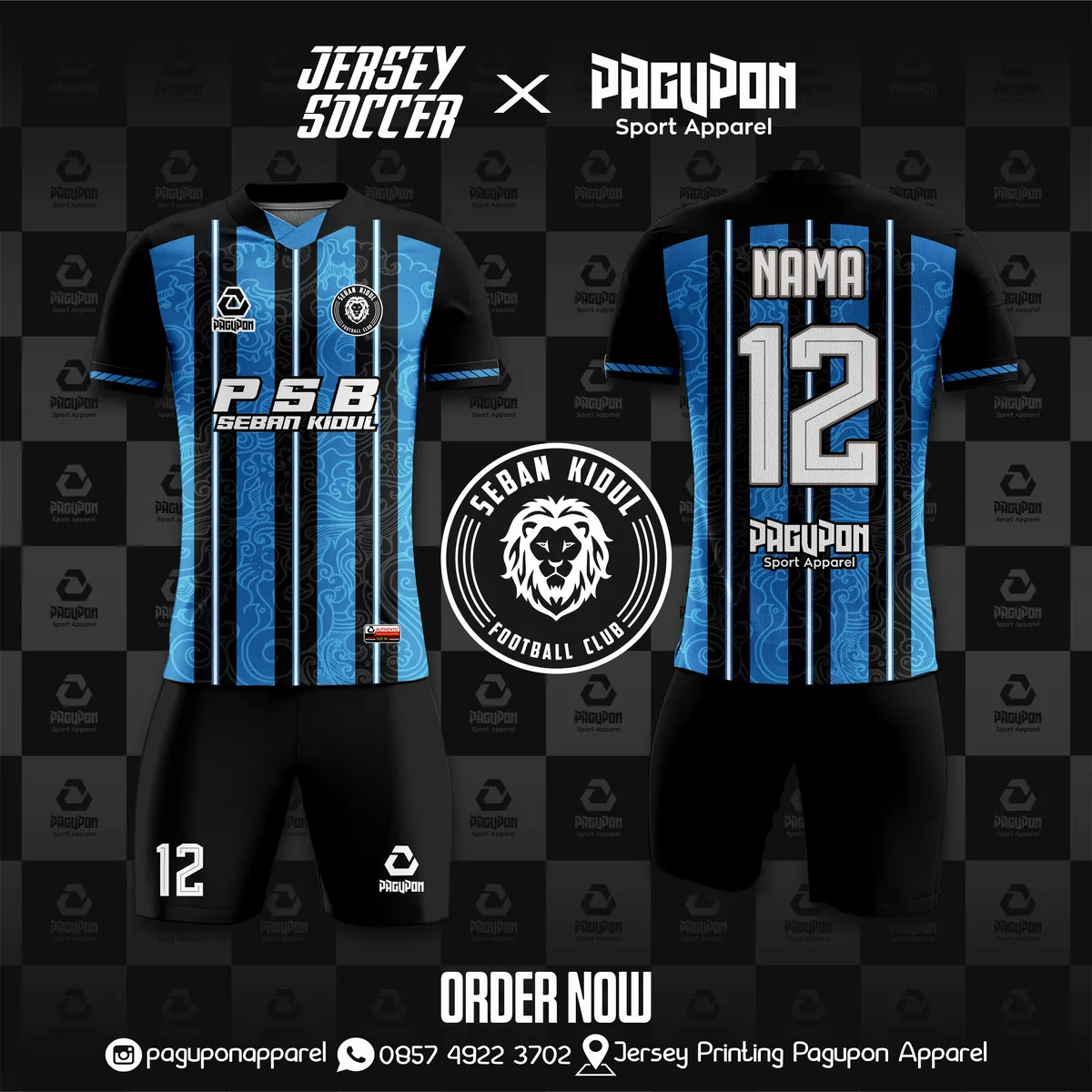 Jersey sepak bola custom PSB Seban Kidul Hijau, warna hijau hitam, kerah V-Neck, tampak depan dan belakang, varian 4