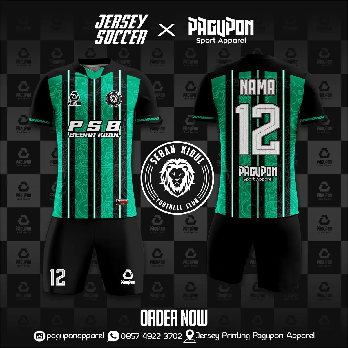 Jersey sepak bola custom PSB Seban Kidul Hijau, warna hijau hitam, kerah V-Neck, tampak depan dan belakang