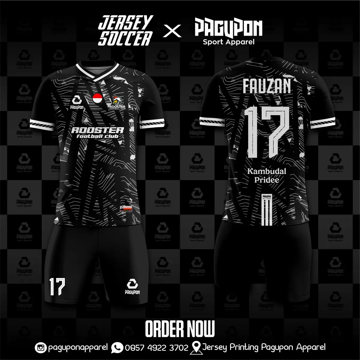 Jersey sepak bola custom Rooster FC Hitam, warna hitam putih, kerah V-Neck, tampak depan dan belakang
