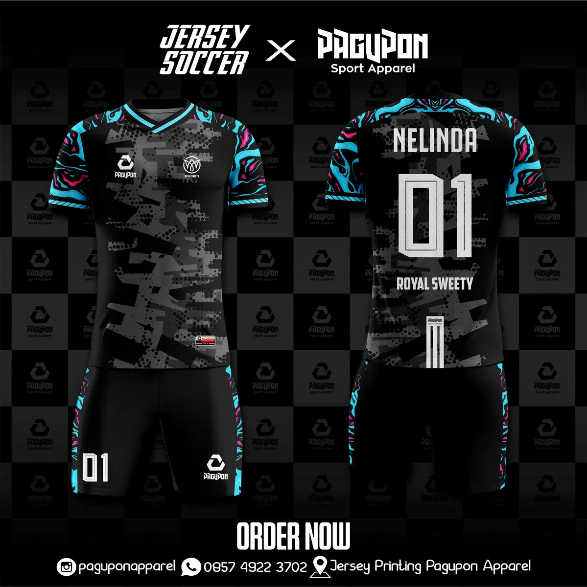 Jersey sepak bola custom Royal Sweety Hitam, warna hitam biru muda pink, kerah V-Neck, tampak depan dan belakang