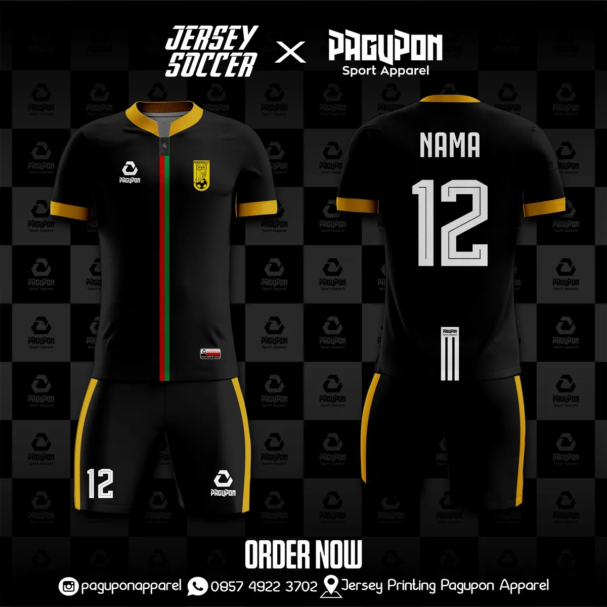 Jersey sepak bola custom Zipper Hitam, warna hitam emas, kerah Kerah Custom, tampak depan dan belakang