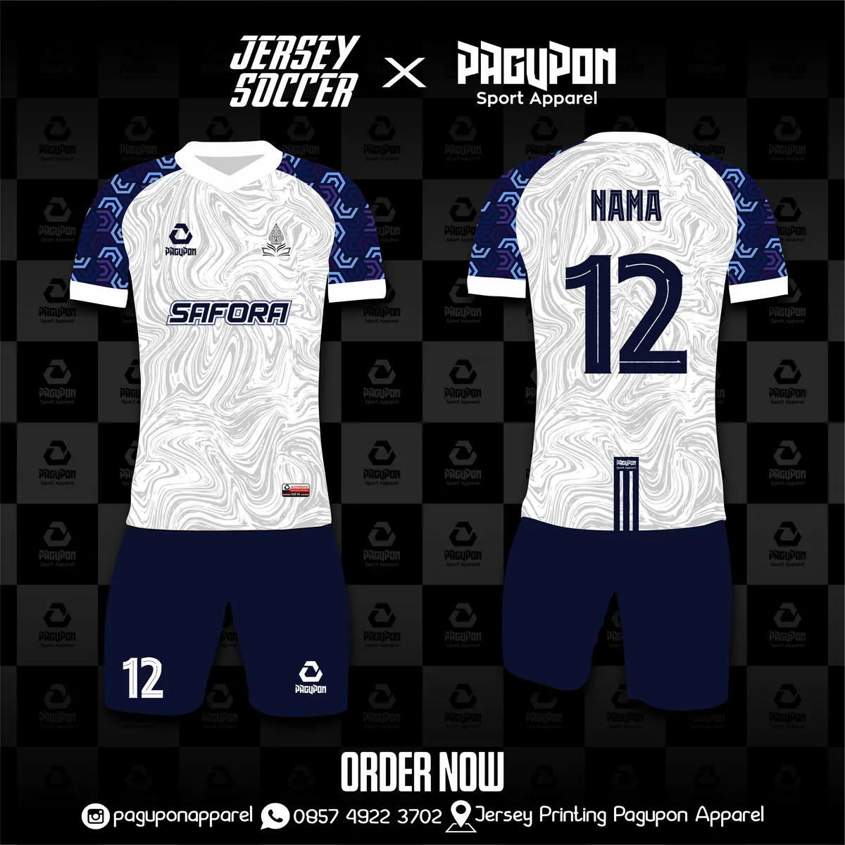 Jersey sepak bola custom Safora Putih, warna putih navy, kerah V-Neck, tampak depan dan belakang
