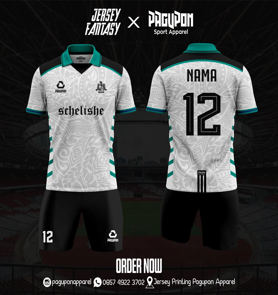 Jersey sepak bola custom Schelishe Putih, warna putih tosca hitam, kerah V-Neck, tampak depan dan belakang, varian 2