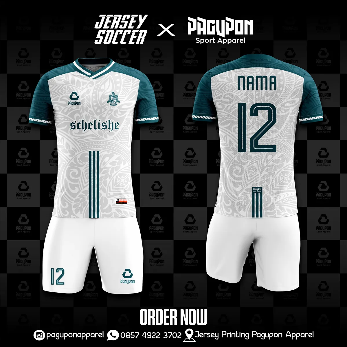 Jersey sepak bola custom Schelishe Putih, warna putih tosca hitam, kerah V-Neck, tampak depan dan belakang, varian 3