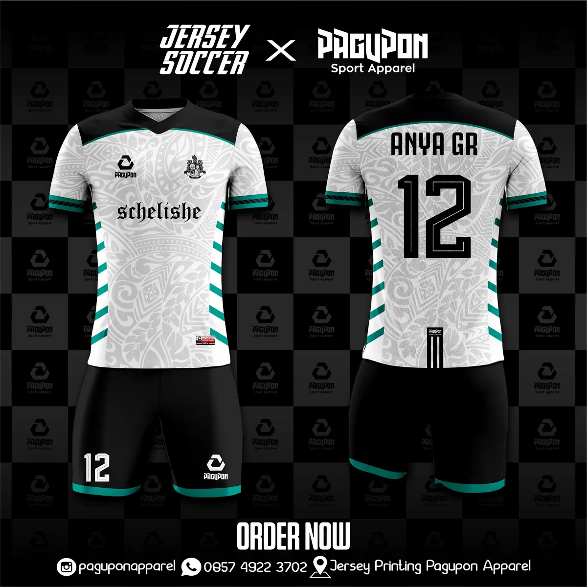 Jersey sepak bola custom Schelishe Putih, warna putih tosca hitam, kerah V-Neck, tampak depan dan belakang