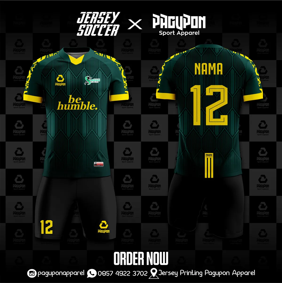 Jersey sepak bola custom Be Humble Hijau, warna hijau kuning, kerah V-Neck, tampak depan dan belakang