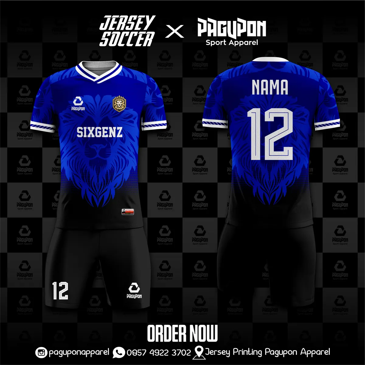 Jersey sepak bola custom Sixgenz Biru, warna biru hitam, kerah V-Neck, tampak depan dan belakang