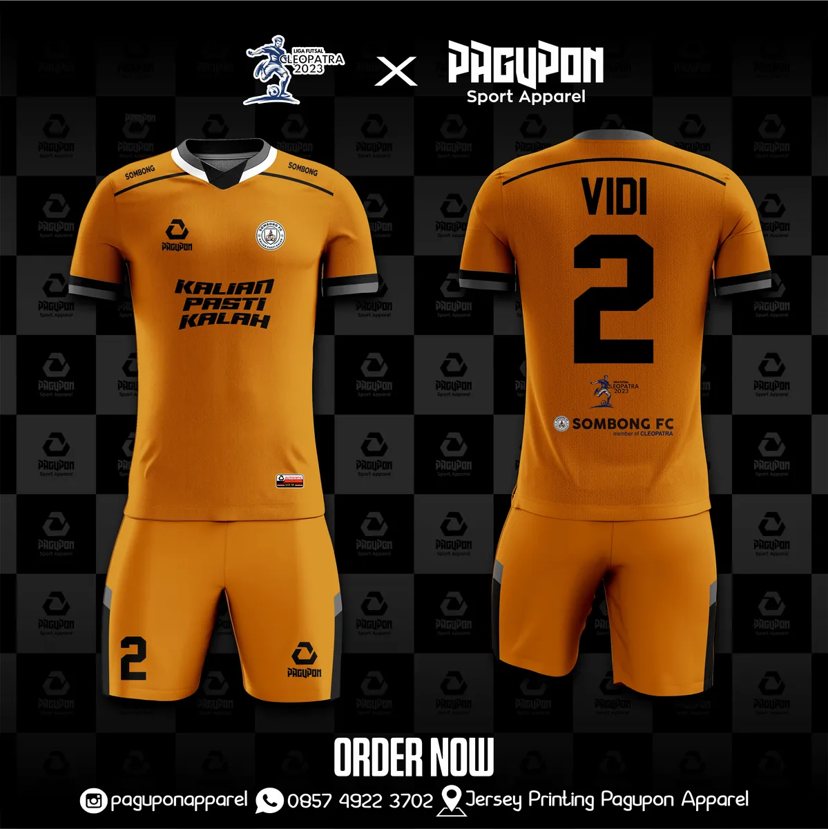 Jersey sepak bola custom Sombong FC Oranye, warna oranye hitam, kerah V-Neck, tampak depan dan belakang