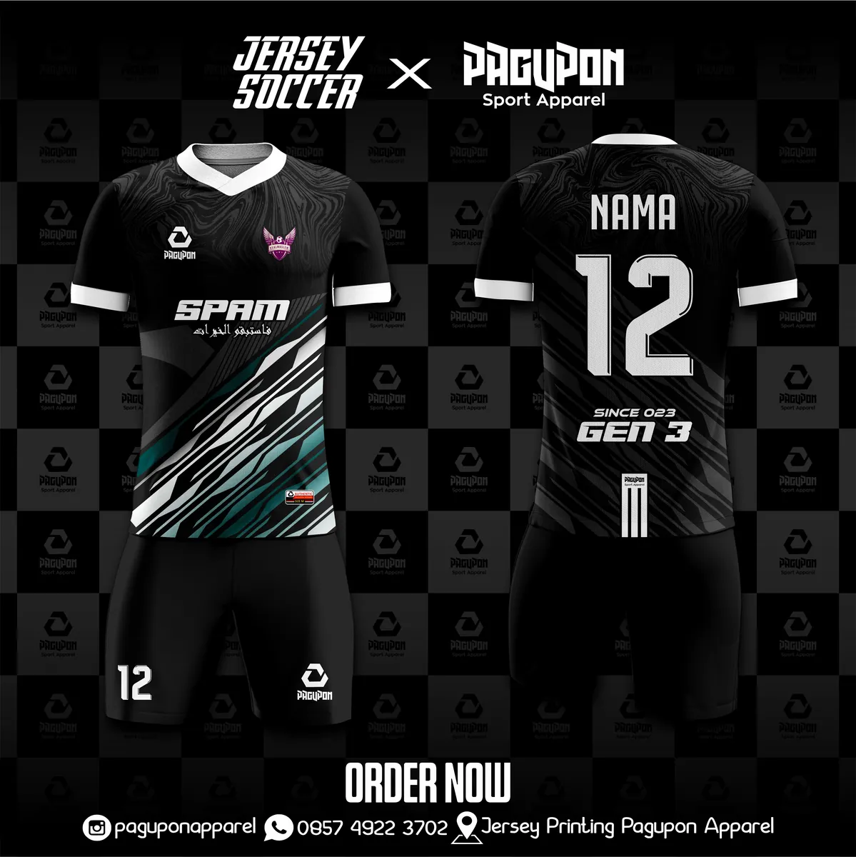 Jersey sepak bola custom Spam Hitam, warna hitam tosca, kerah V-Neck, tampak depan dan belakang