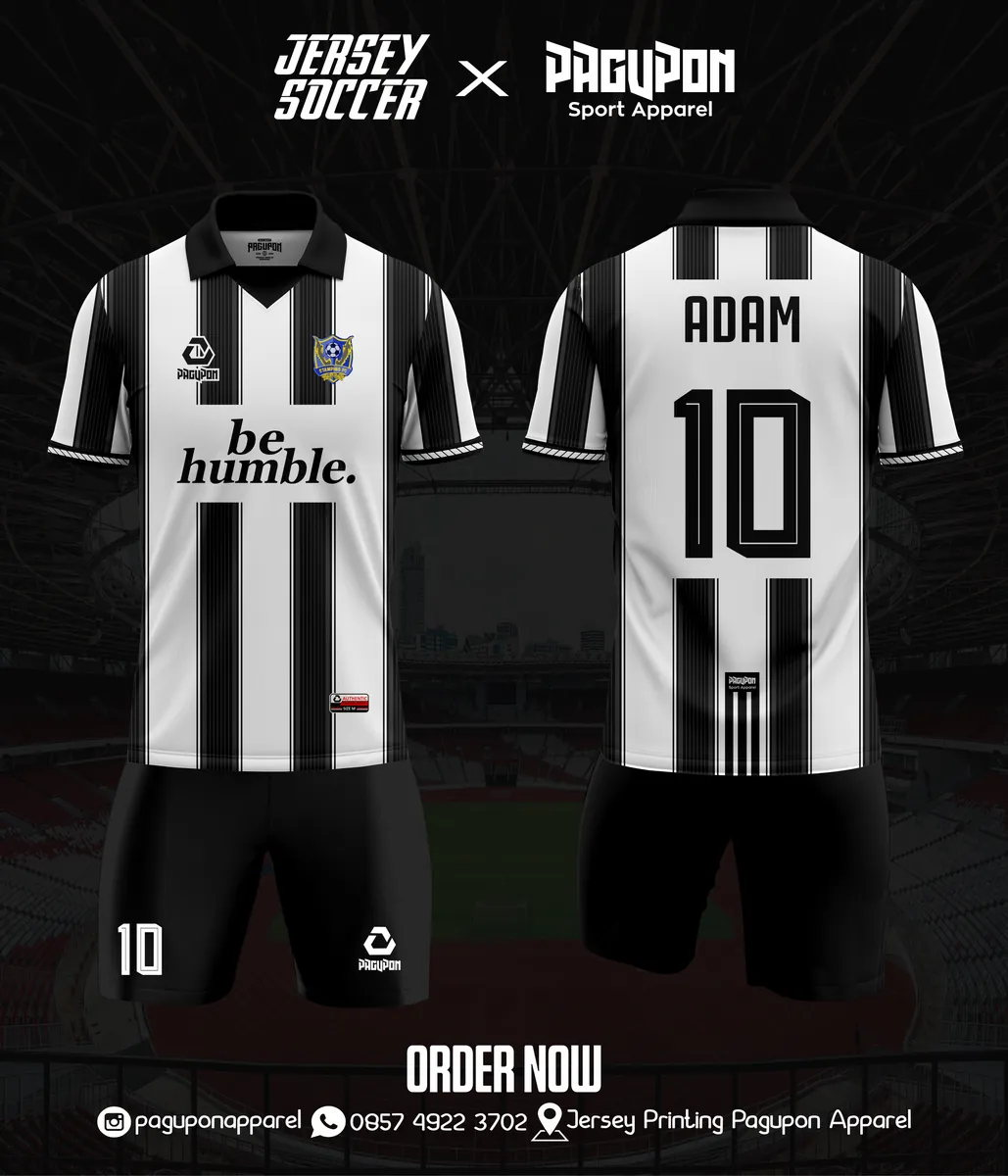 Jersey sepak bola custom Be Humble Zebra Hitam, warna hitam putih, kerah Polo, tampak depan dan belakang