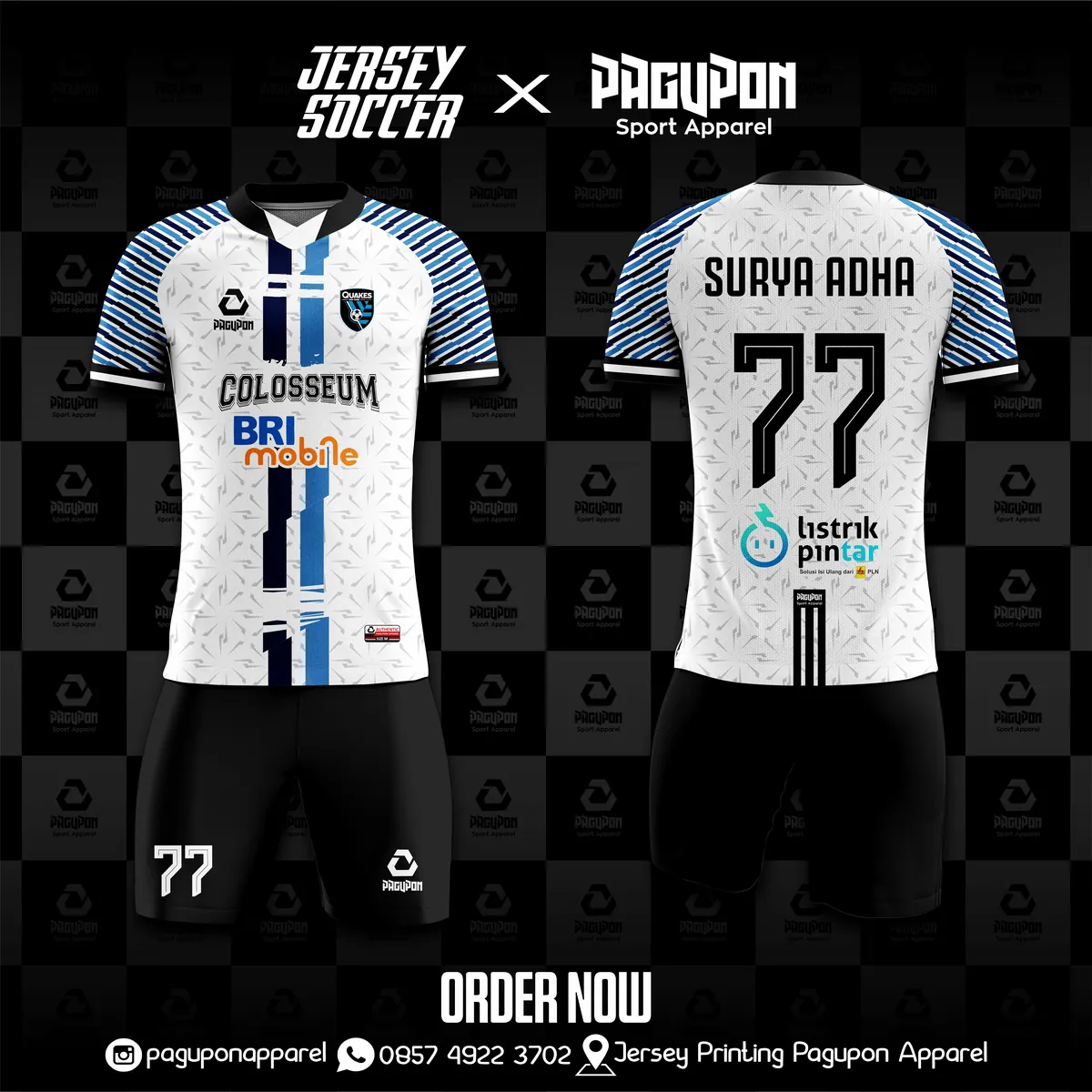 Jersey sepak bola custom Colosseum Putih, warna putih navy biru muda, kerah V-Neck, tampak depan dan belakang