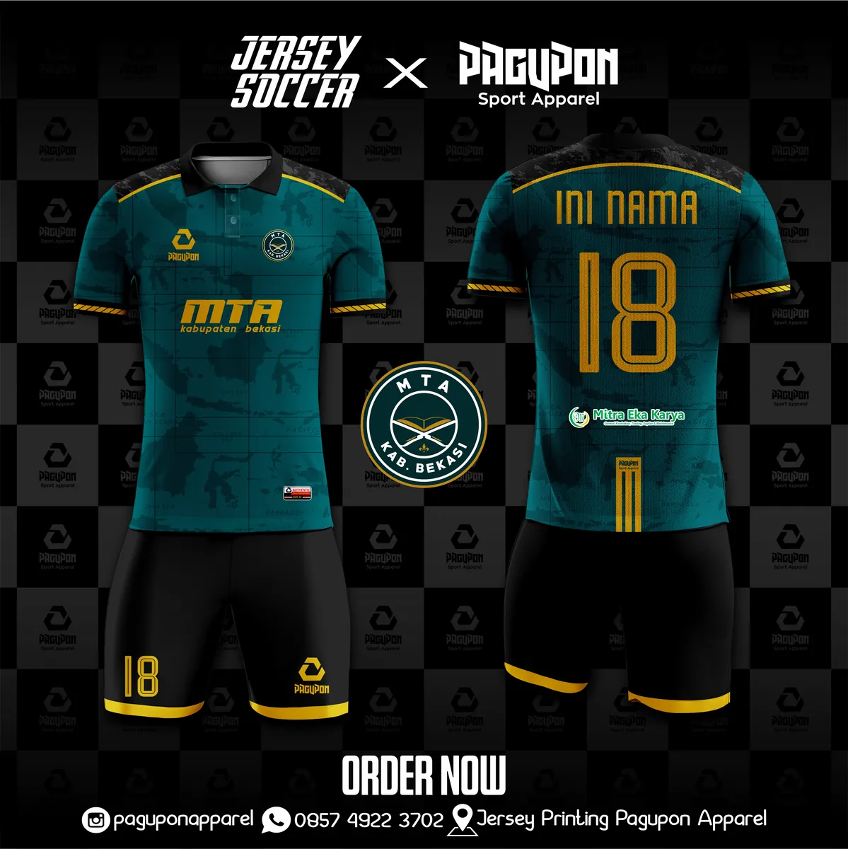 Jersey sepak bola custom MTA Kabupaten Bekasi Biru, warna biru hitam emas, kerah Polo, tampak depan dan belakang, varian 2