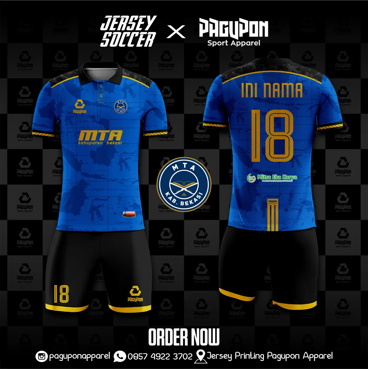 Jersey sepak bola custom MTA Kabupaten Bekasi Biru, warna biru hitam emas, kerah Polo, tampak depan dan belakang