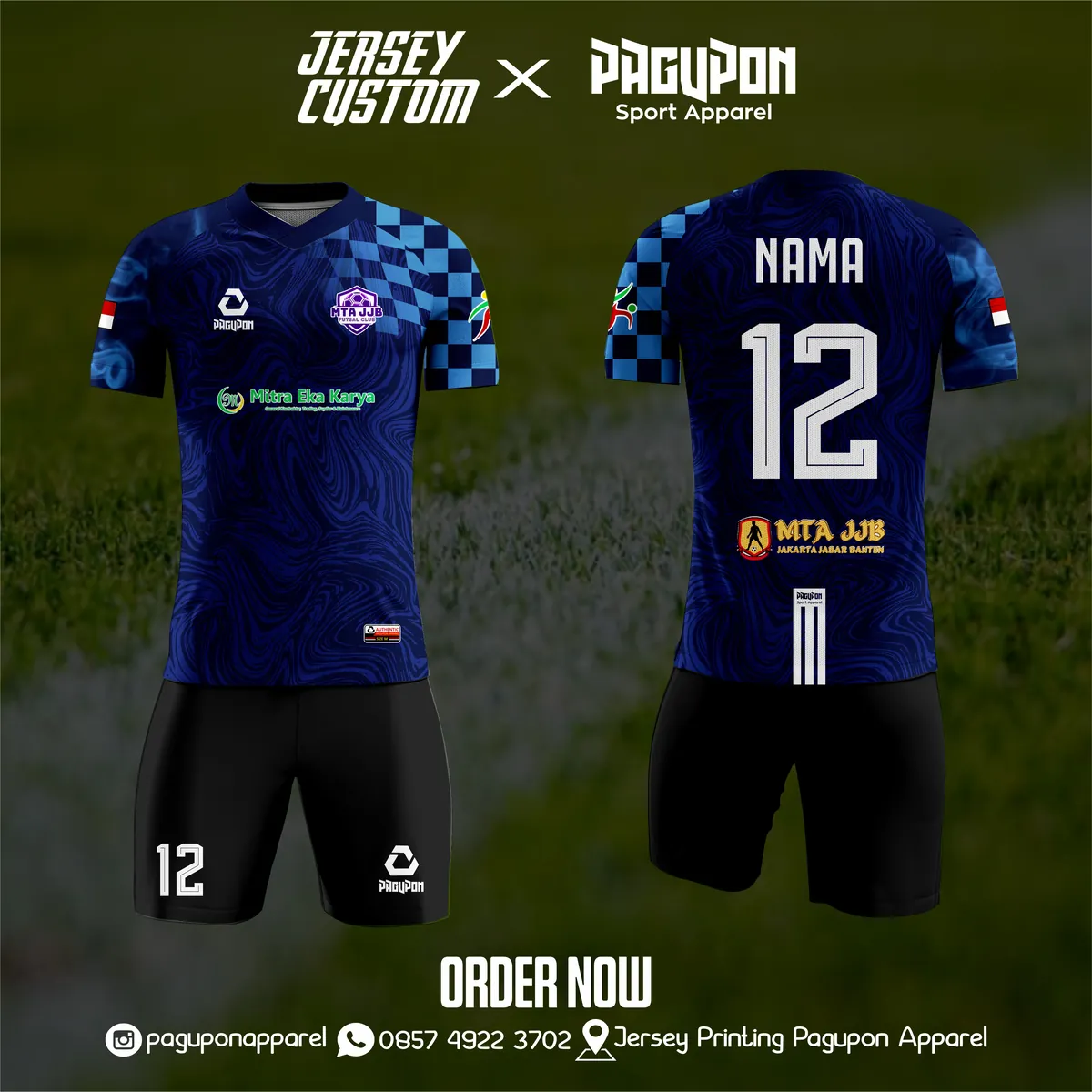 Jersey sepak bola custom MTA JJB Merah, warna merah putih, kerah V-Neck, tampak depan dan belakang, varian 2