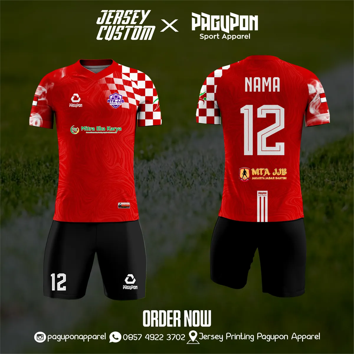 Jersey sepak bola custom MTA JJB Merah, warna merah putih, kerah V-Neck, tampak depan dan belakang